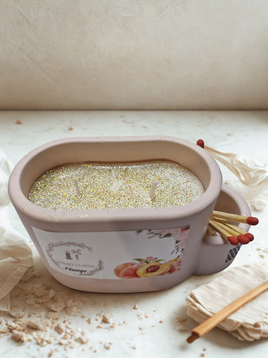 Vela de soja com suporte de fósforos — aroma Pêssego