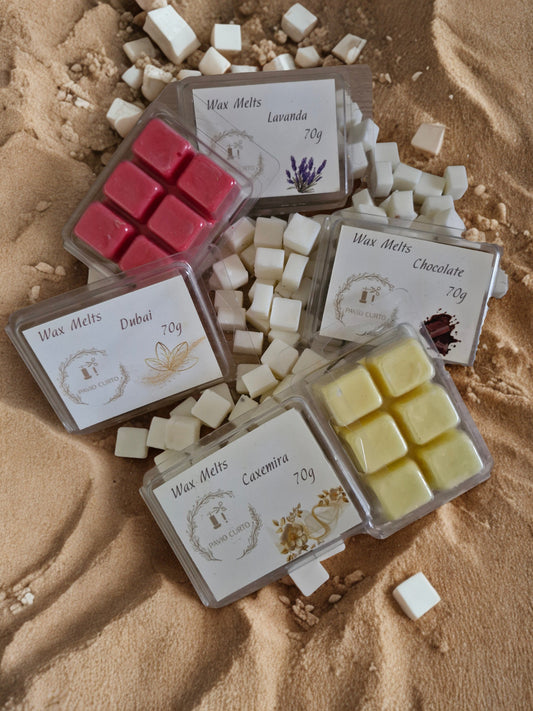 Caixas de wax melts artesanais em cera de soja — Lavanda, Dubai, Caxemira e Chocolate