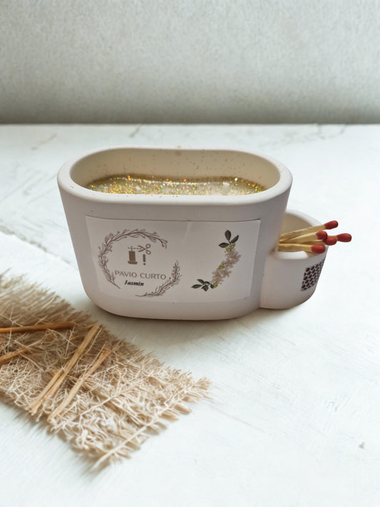 Vela de soja com suporte de fósforos — aroma Jasmim