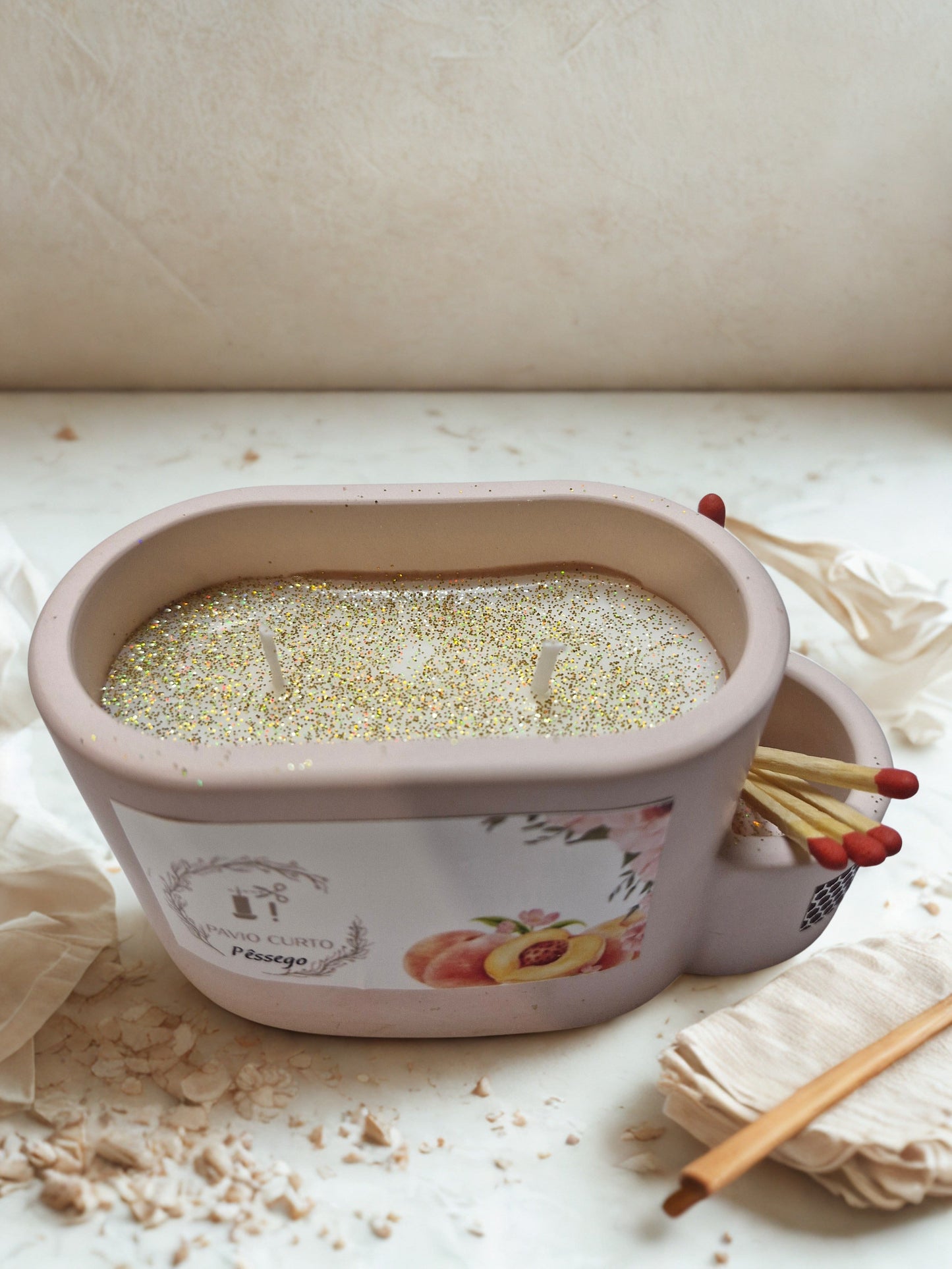 Vela de soja com suporte de fósforos — aroma Pêssego