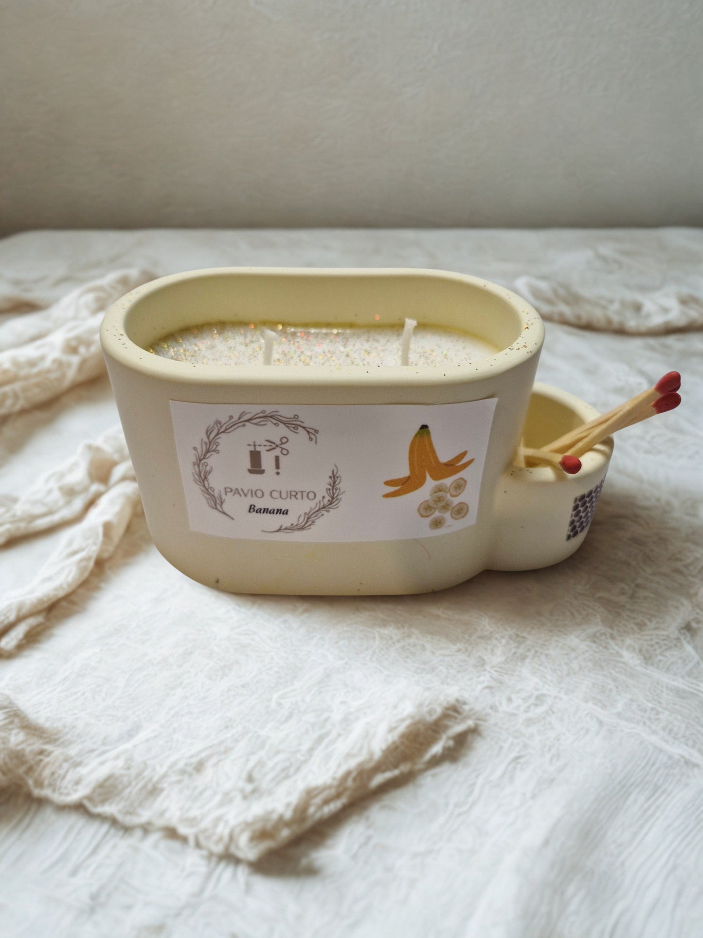 Vela de soja com suporte de fósforos — aroma Banana